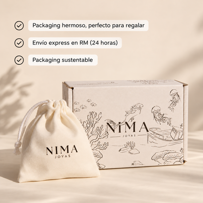 Packaging NIMA Joyas: bolsa de tela y caja ilustrada, perfecto para regalar. Envío express en RM.